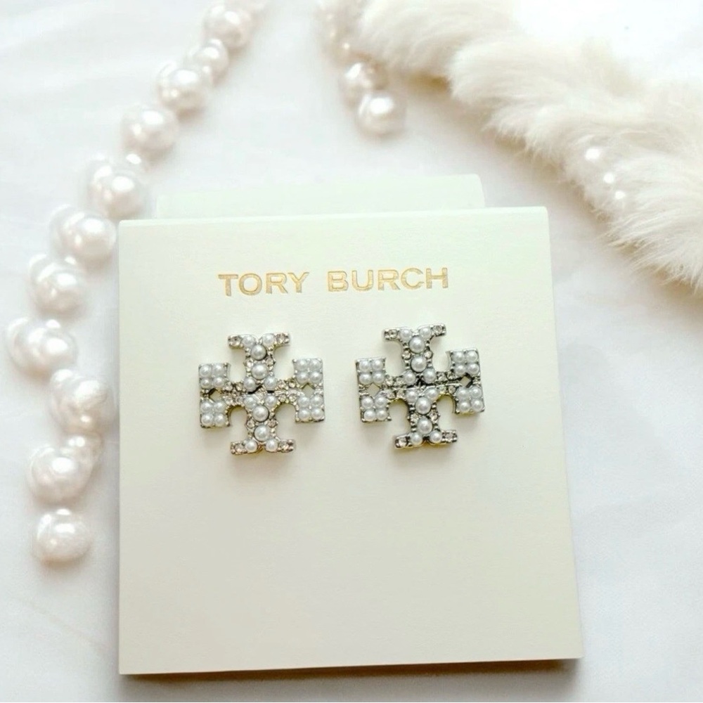 Tory Burch Elegant Silver Stud Earrings with Pearl and Diamond